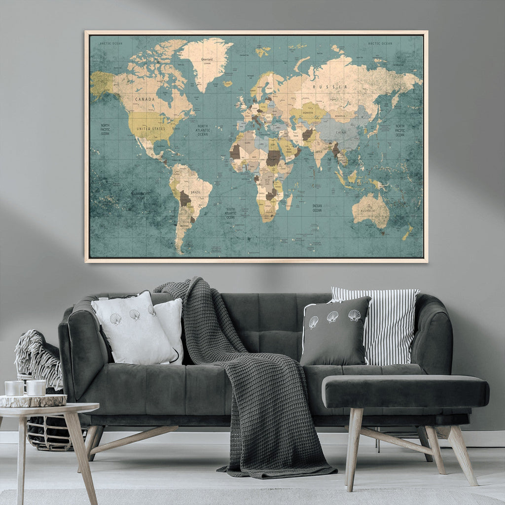 Classic World Map Canvas Print | Framed Vintage Map Wall Art