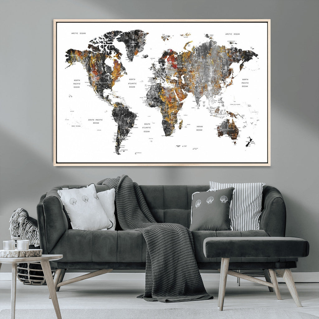 Modern Metallic World Map Canvas Wall Art | Framed Contemporary World Map Print