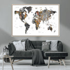 Modern Metallic World Map Canvas Wall Art | Framed Contemporary World Map Print