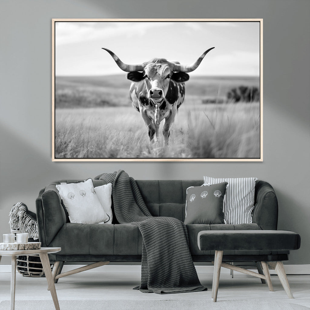 Texas Cow Longhorn Wall Art Canvas Print for Farm House Wall Art, Framed and Ready to Hang