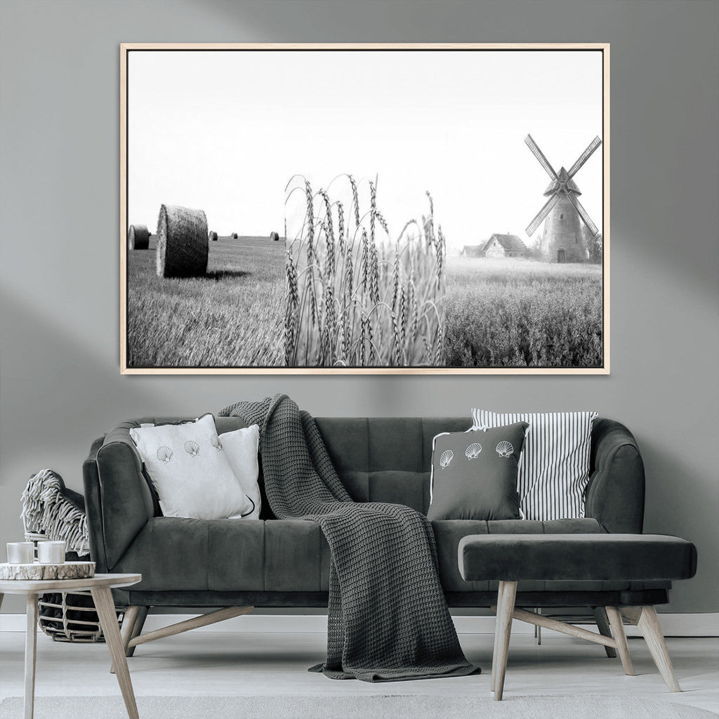Vintage Farmhouse Black and White Triptych Wall Art, Giclee Canvas with Wheat Fields, Hay Bales and Windmill