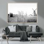 Vintage Farmhouse Black and White Triptych Wall Art, Giclee Canvas with Wheat Fields, Hay Bales and Windmill