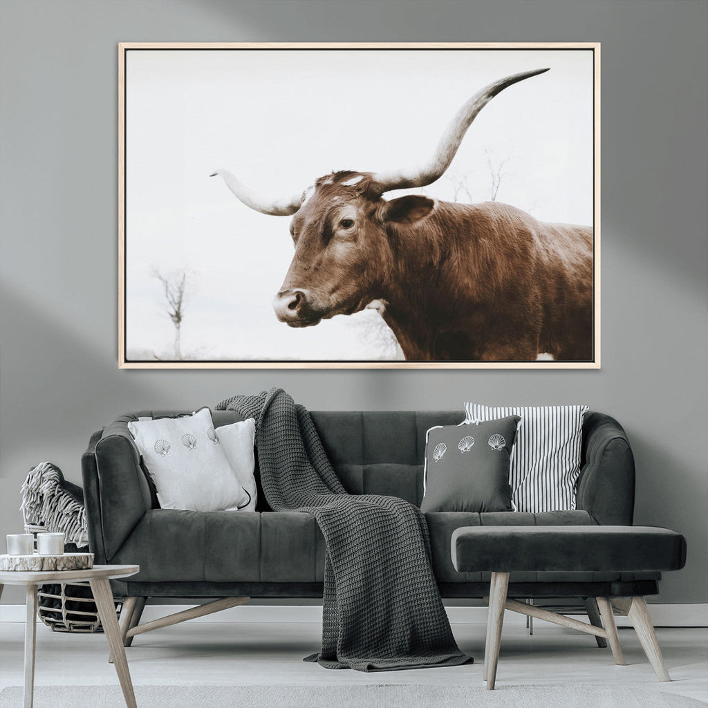 Rustic Bull Wall Art Canvas Print, Modern Longhorn Farmhouse Animal Decor