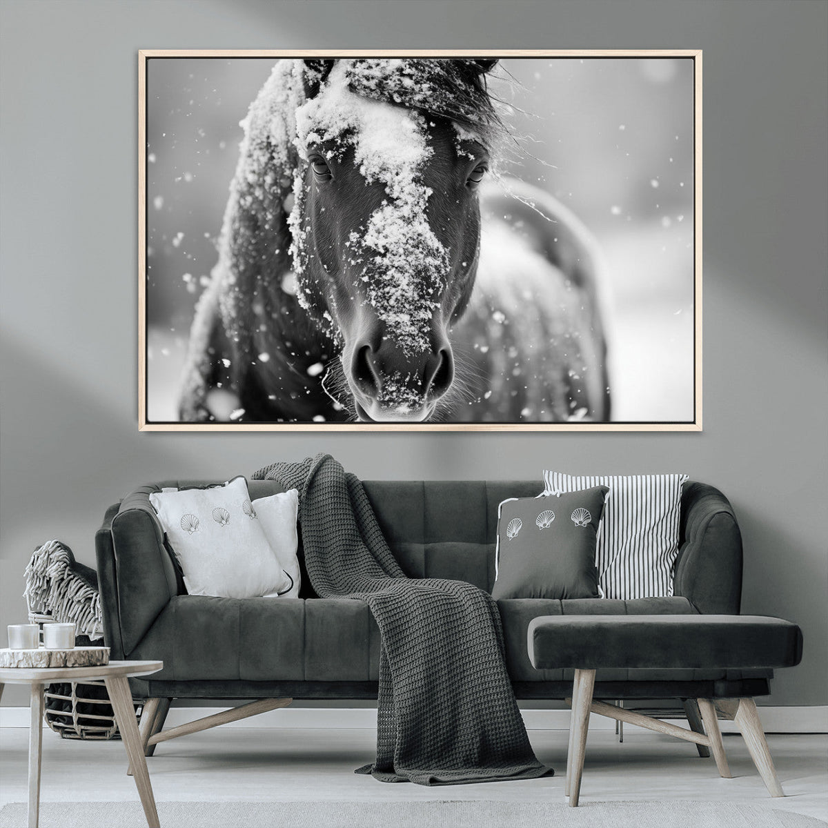 Black and White Horse Winter Wall Art, Ready to Hang