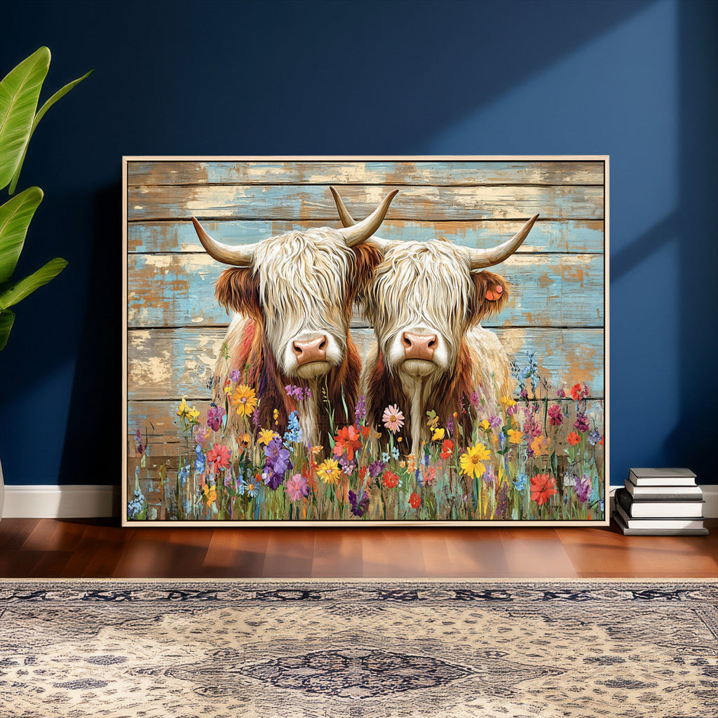 Cute Highland Cow Canvas Wall Art - Rustic Farmhouse Decor