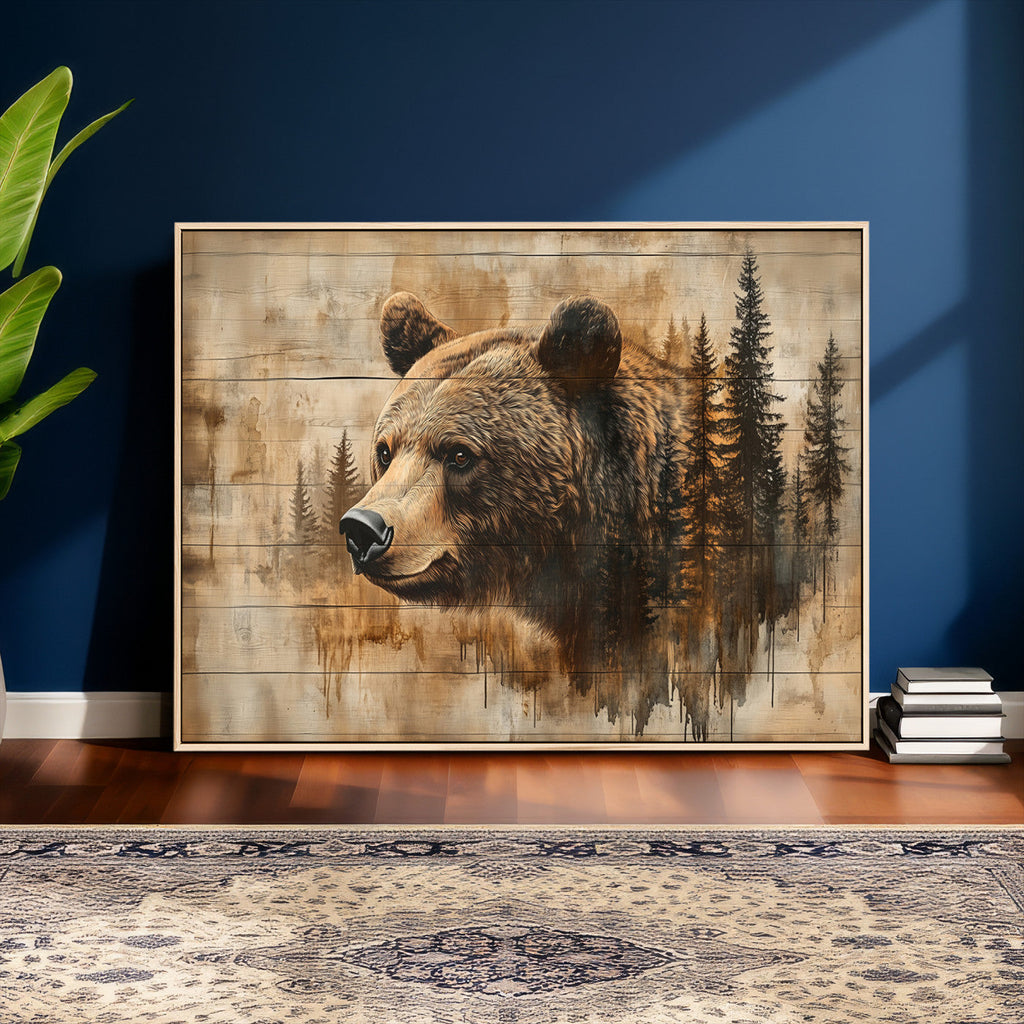 Rustic Grizzly Bear Wall Art, Abstract Grizzly 399 Bear Canvas Print, Woodland Wildlife
