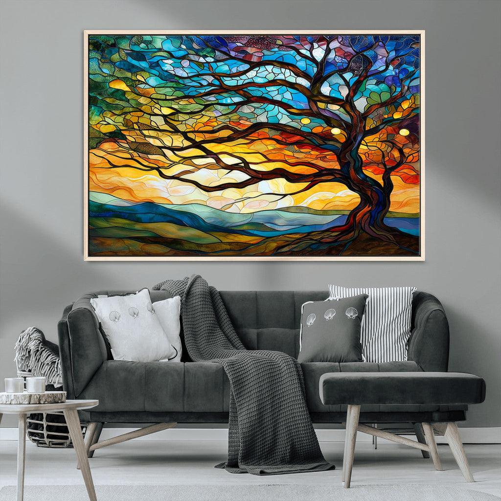Vibrant Mosaic Tree of Life Wall Art, Stained Glass Style Canvas Print