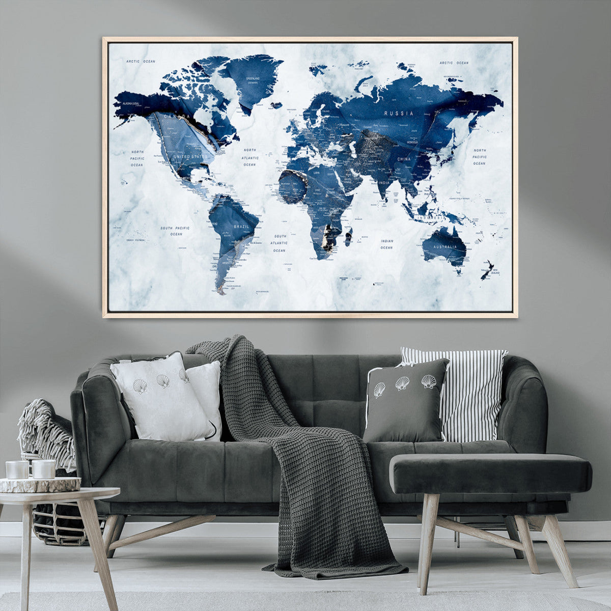 Modern Blue World Map Canvas Print | Elegant Travel Map Wall Art for Home Office