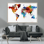 Colorful World Map Canvas Wall Art Print, Contemporary Global Map Artwork
