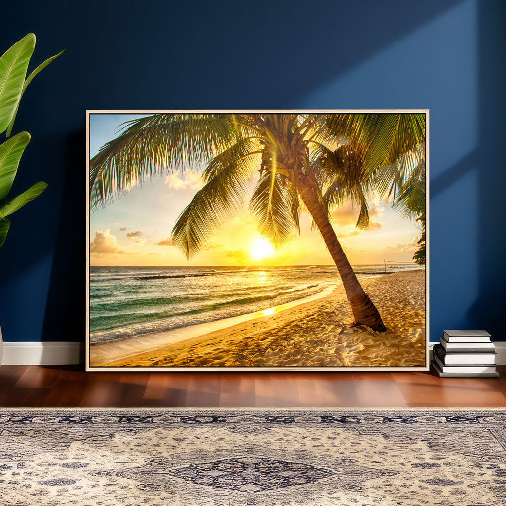 Beach Sunset Canvas Wall Art Print - Tropical Beach Canvas With Palm Trees