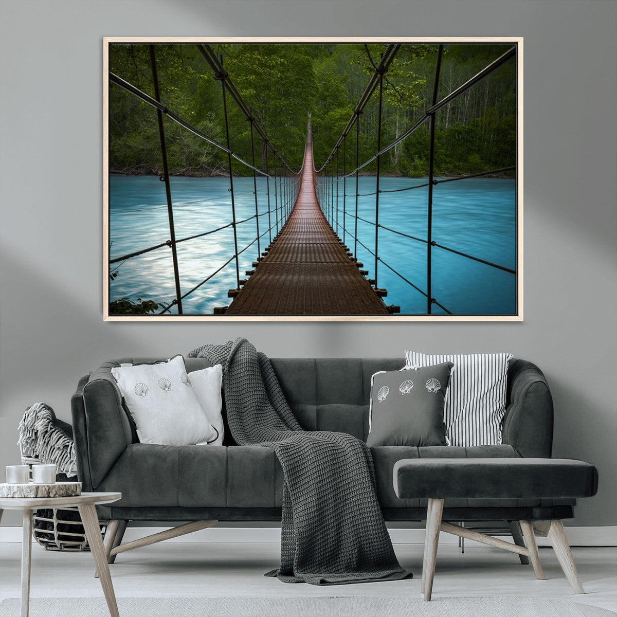Suspension Bridge Over River Canvas Art | 3-Panel Nature Wall Art