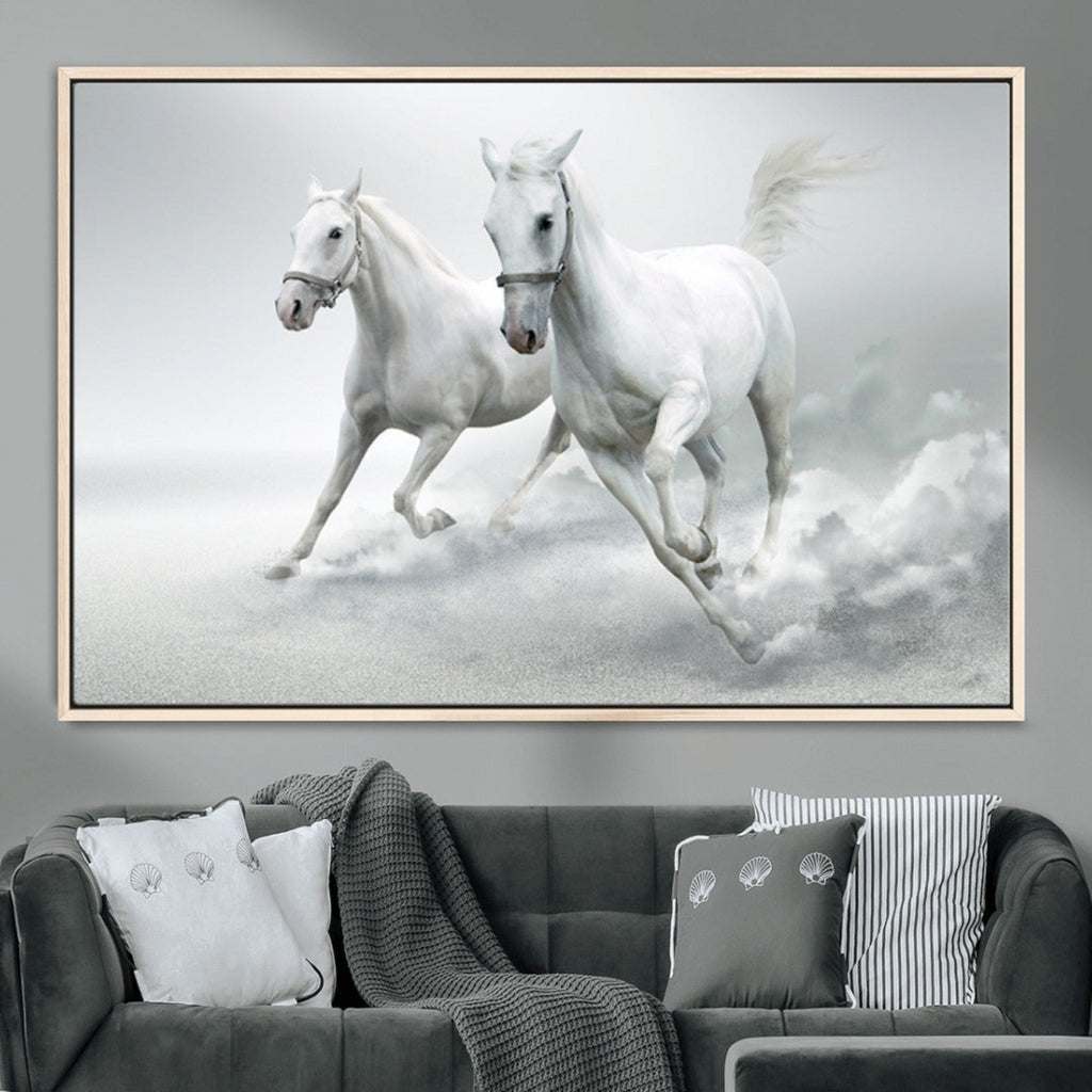 Large Wall Art Canvas Print, Beautiful Running White Horses