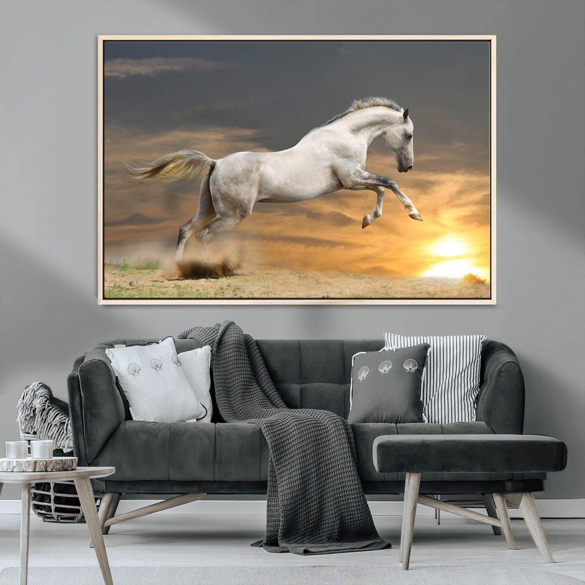 Large Wall Art Canvas Print, White Jumping Horse at Sunset