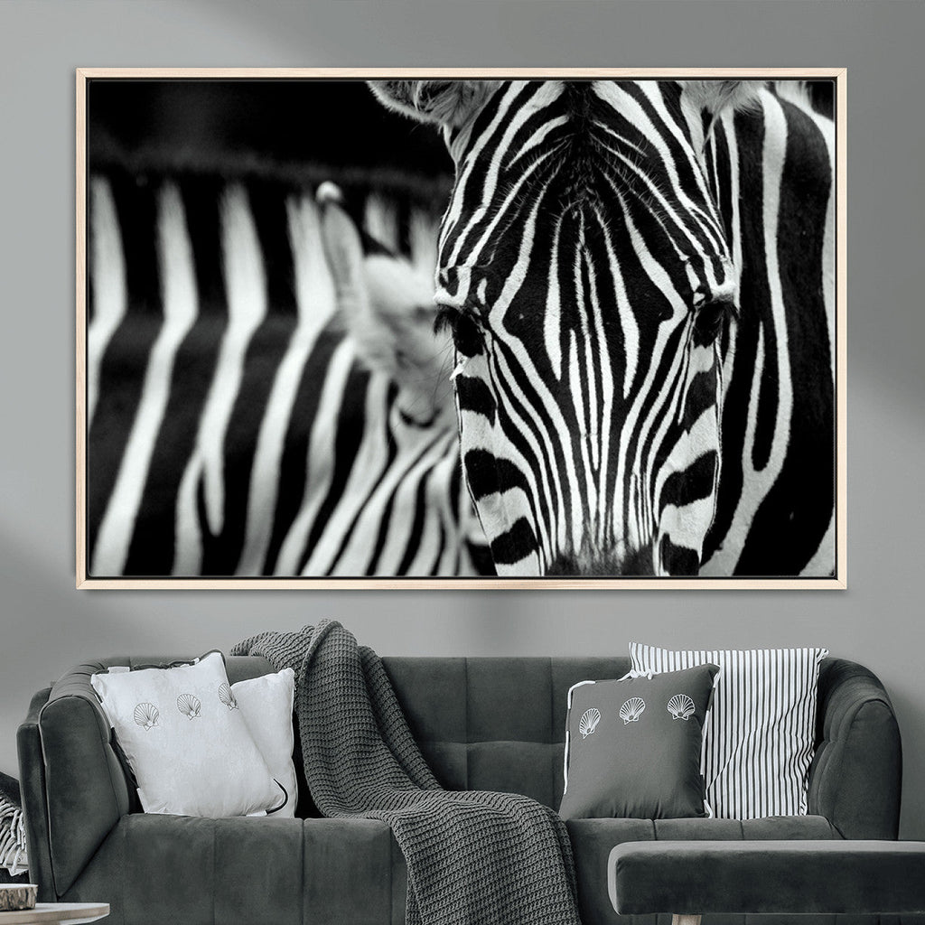 Zebra Wall Art | Zebra Close Up Canvas Print | Framed Black and White Wildlife