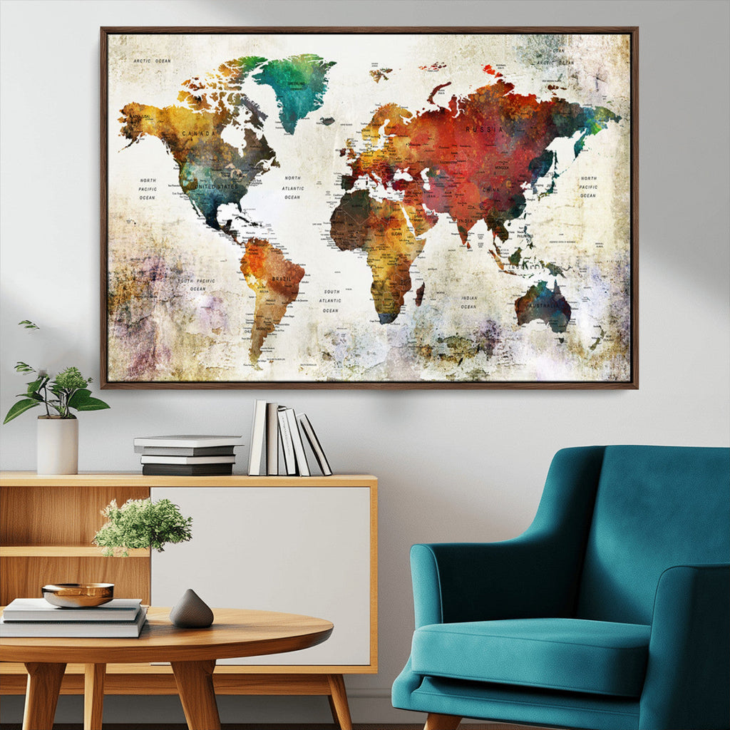 Watercolor World Map Canvas Print | Framed Travel Map Wall Art for Couples