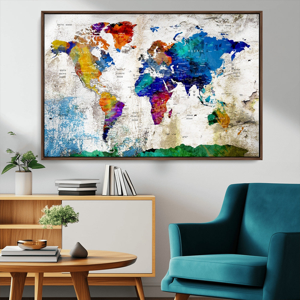 Navy Blue and Orange Watercolor World Map Canvas Print | Framed Travel Map