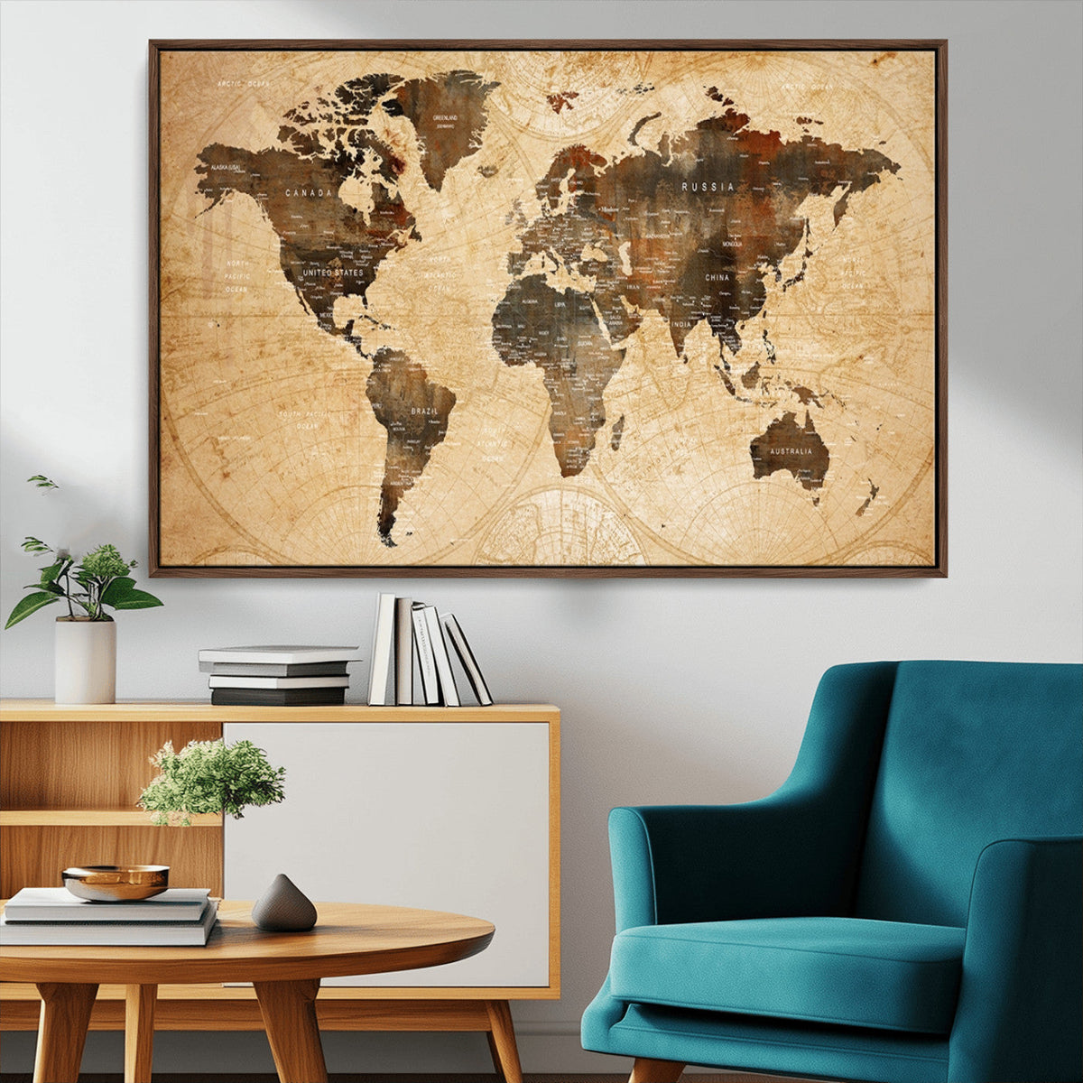 Push Pin World Map Canvas Print | Framed Travel Tracker Wall Art