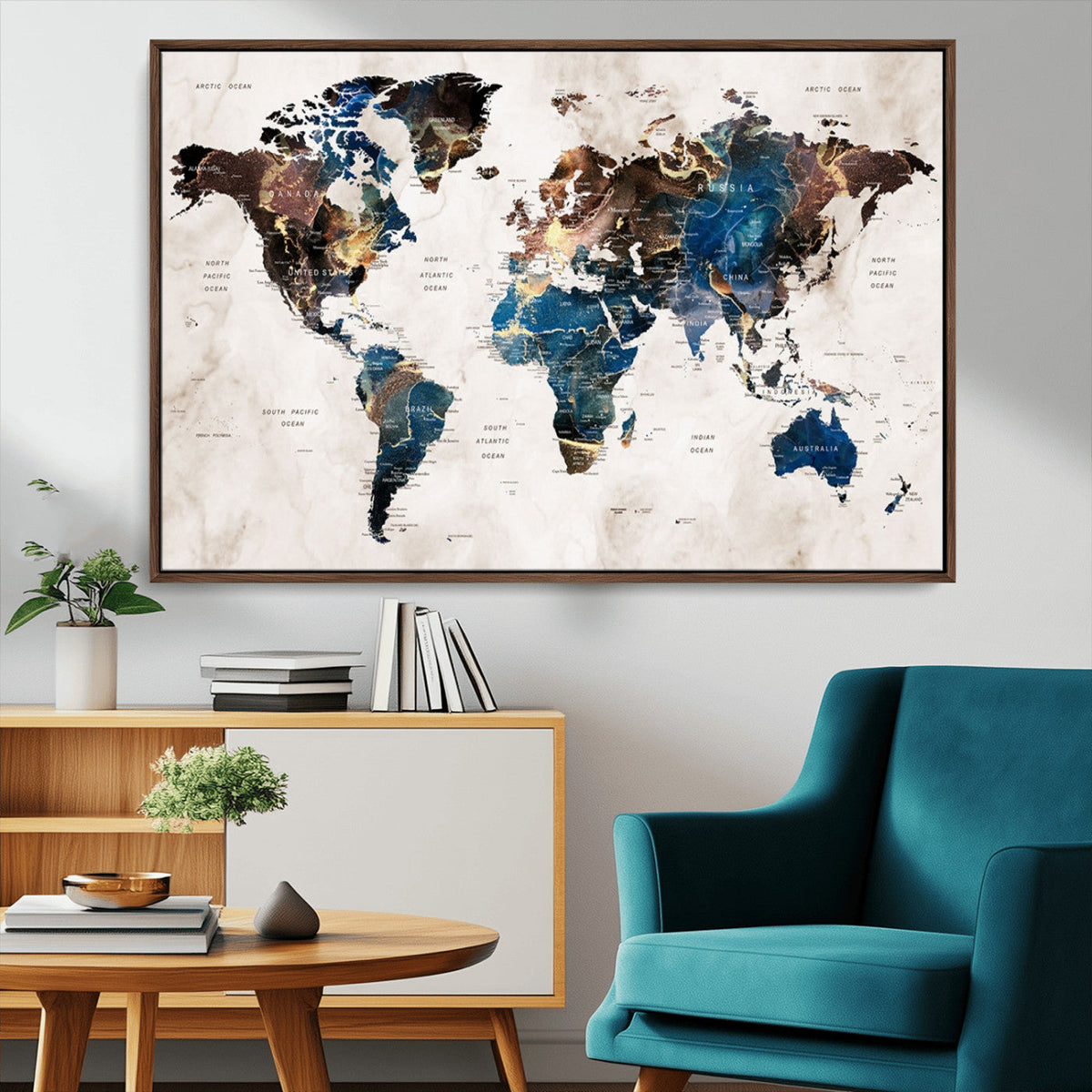 Abstract Earth Tone Blue World Map Canvas Print | Framed Travel Map Wall Art