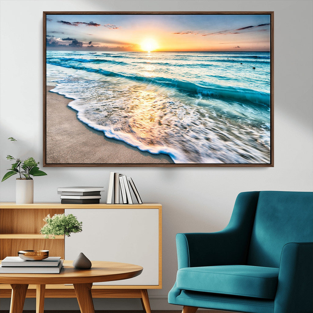 Sunset Beach Waves Canvas Wall Art | Ocean Sunset Coastal Print
