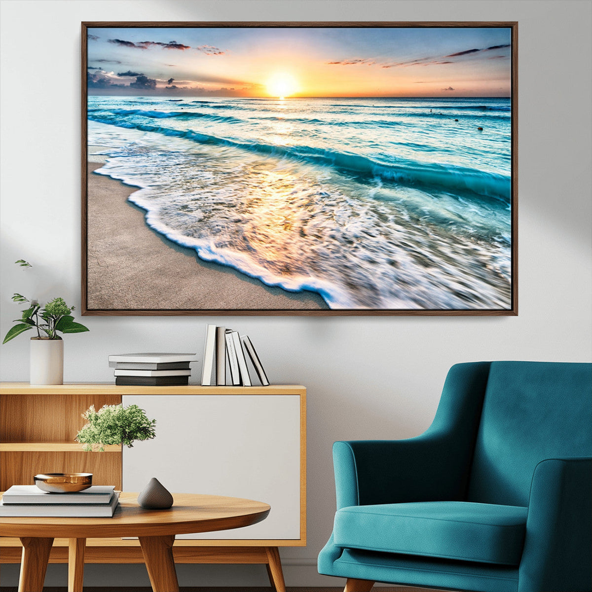 Sunset Beach Waves Canvas Wall Art | Ocean Sunset Coastal Print
