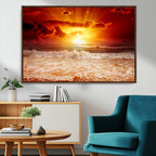Red Sunset Ocean Beach Canvas Wall Art, Coastal Sunset Print