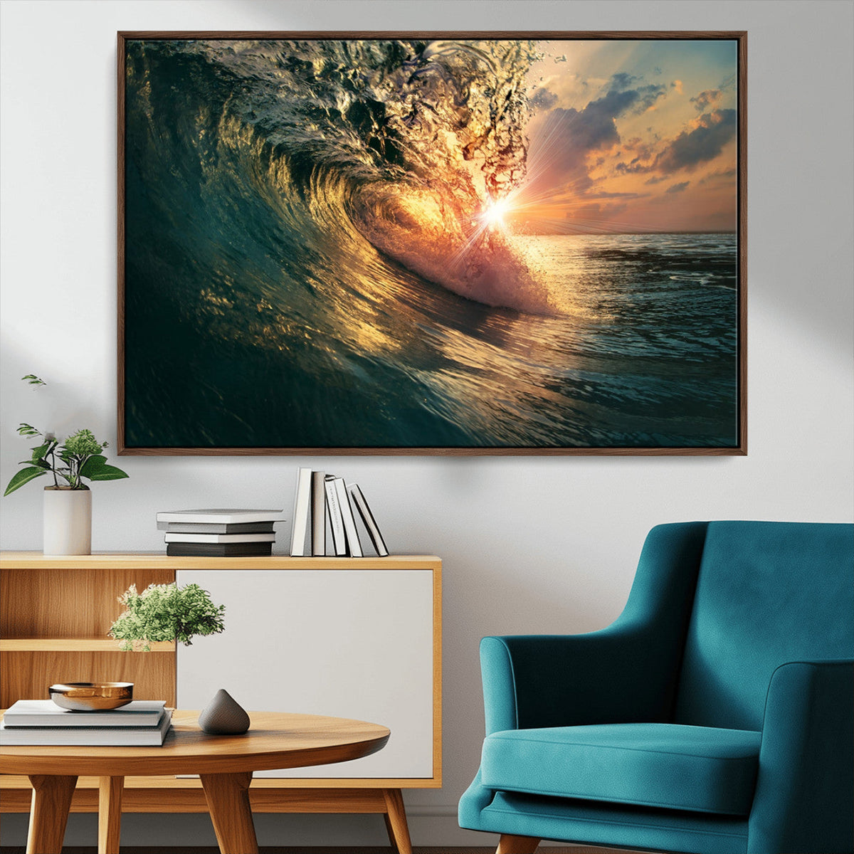 Ocean Wave Sunset Canvas Wall Art | Triptych Seascape Print