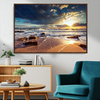 Golden Hour Beach Sunset Canvas Triptych, Ocean Waves and Rocks Wall Art