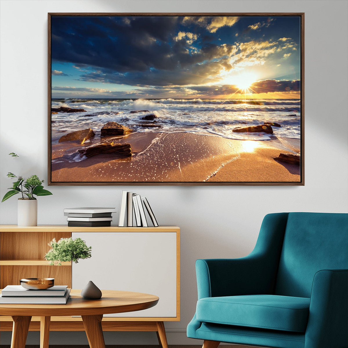 Golden Hour Beach Sunset Canvas Triptych, Ocean Waves and Rocks Wall Art