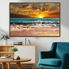 Golden Sunset Beach Canvas Wall Art | Triptych Seascape Print, Framed and Ready to Hang