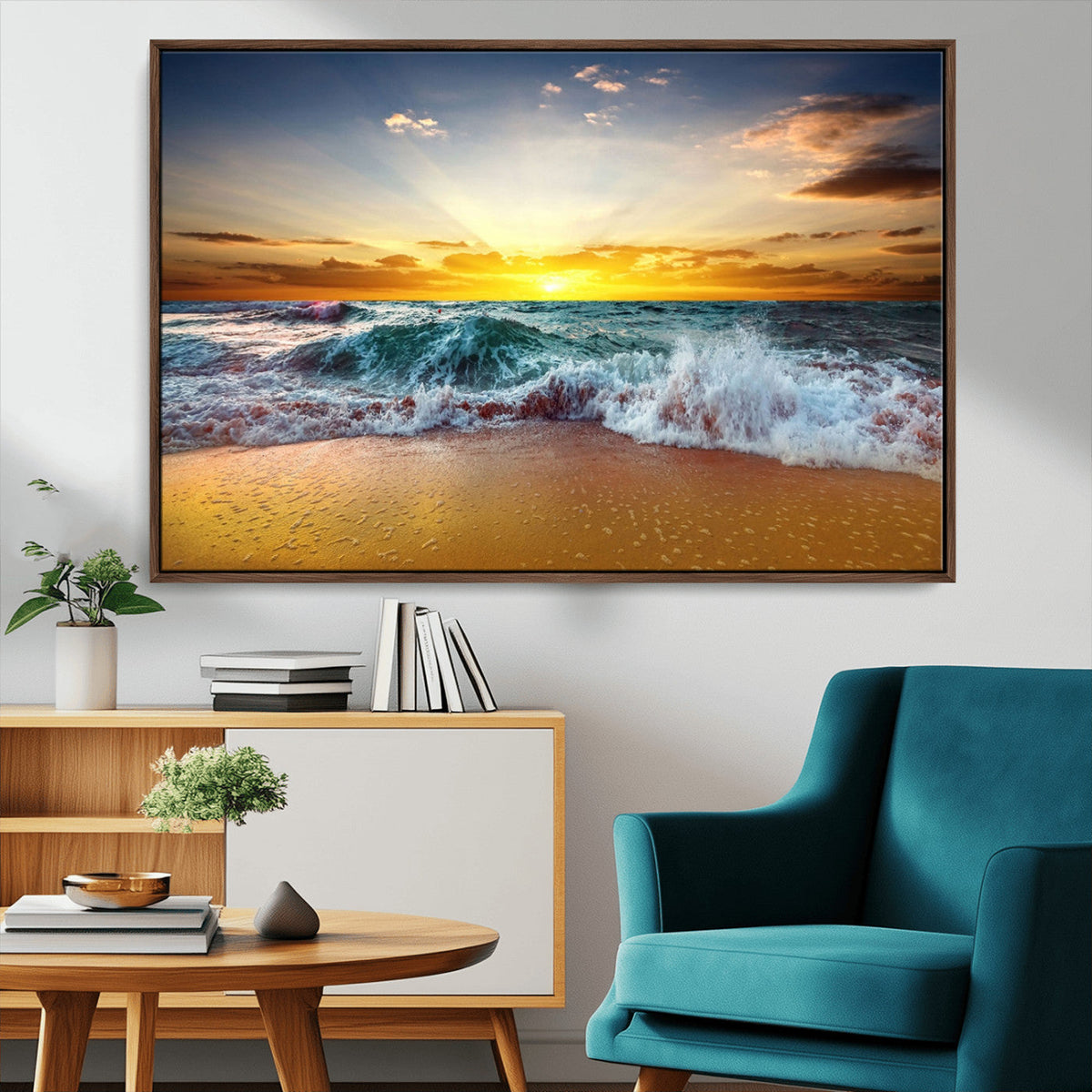 Golden Sunset Ocean Waves Wall Art Canvas Print | Multi Panel Beach Canvas Set, Coastal Triptych