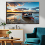 Small Boat At The Beach Sunset Wall Art, Boat Sunset Wall Art Canvas Print
