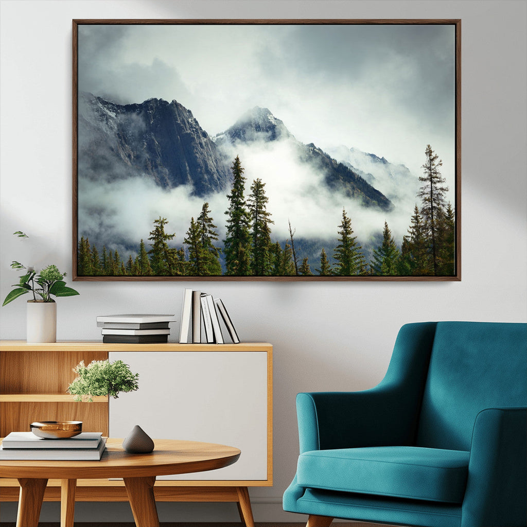 Mountain Mist Canvas Wall Art Print | 3-Panel Foggy Forest and Mountain Landscape