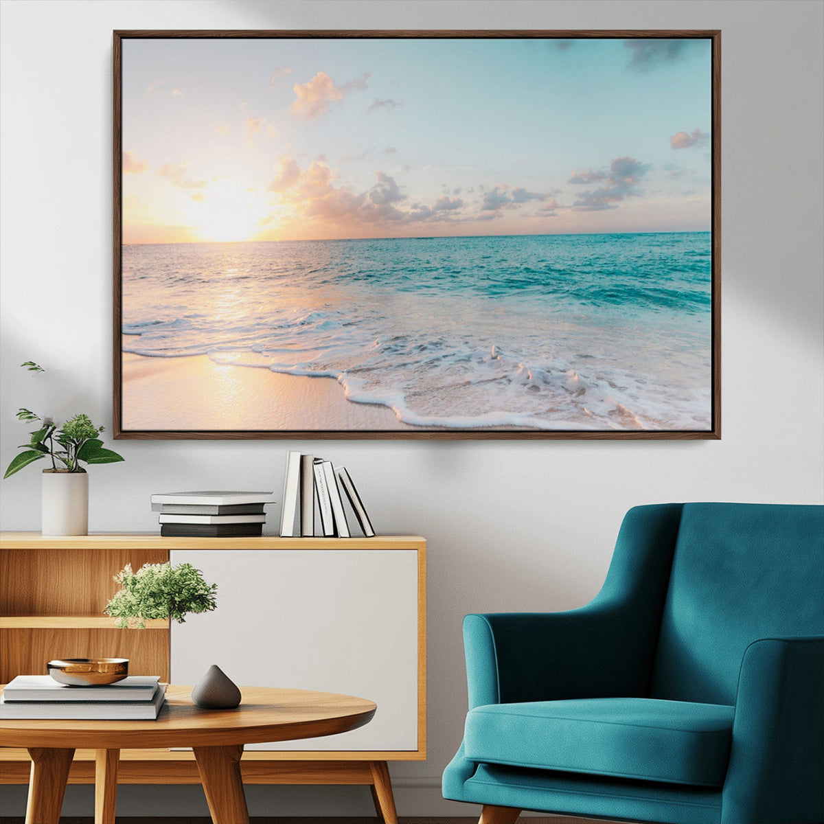 Tranquil Ocean Beach Sunset Canvas Wall Art | 3-Panel Coastal Decor