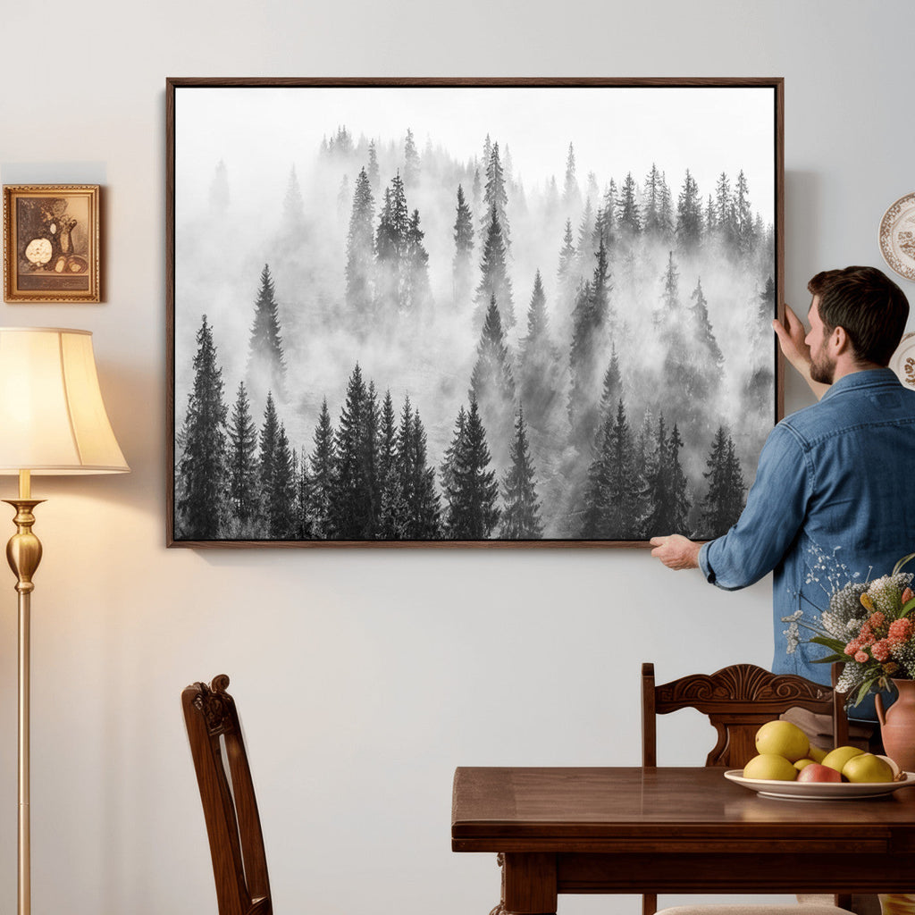 Forest Wall Art Print | Foggy Pine Forest Canvas Wall Art, Black and White Nature Decor