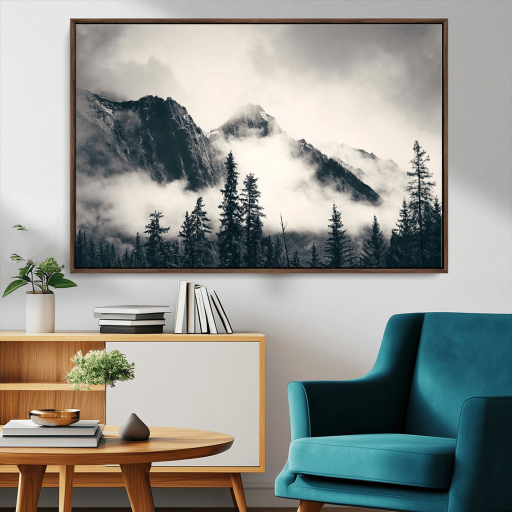 Forest Mountain Print | Black and White Canvas Wall Art with Misty Forest Design