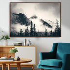 Forest Mountain Print | Black and White Canvas Wall Art with Misty Forest Design