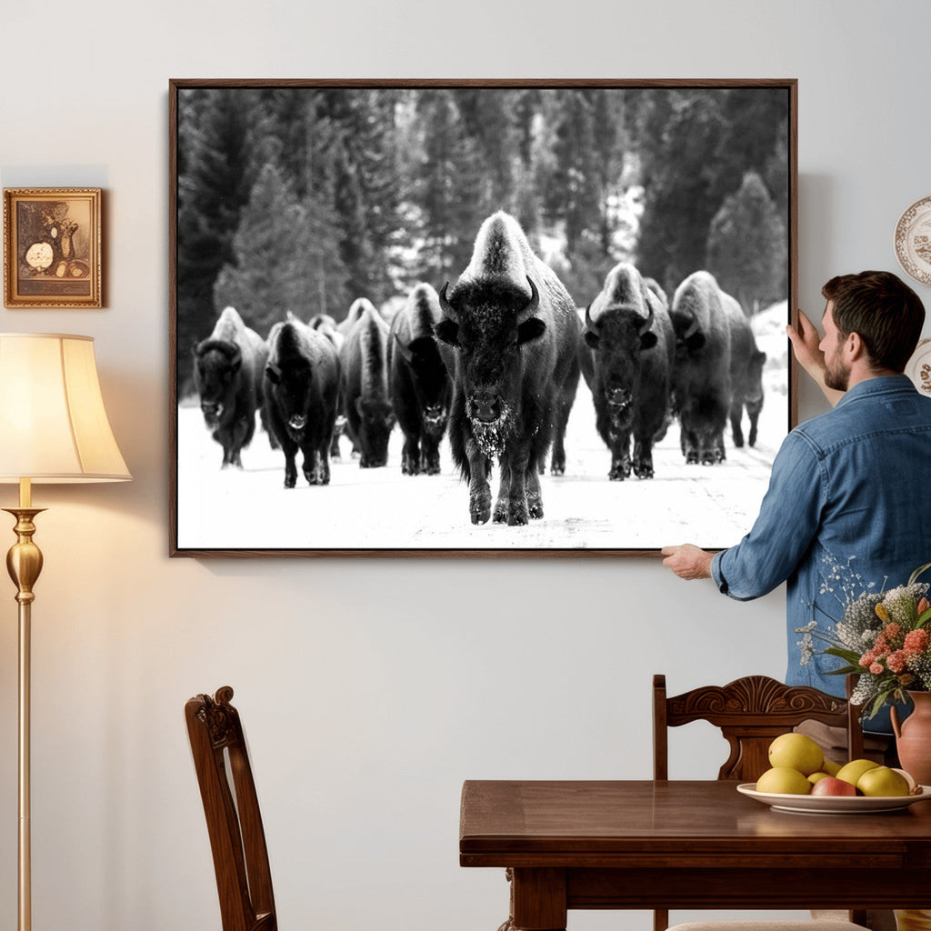 Bison Herd in Snow Wall Art Canvas Print | Rustic Western Bison Wall Art for Living Room and Farmhouse Decor