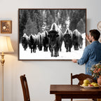 Bison Herd in Snow Wall Art Canvas Print | Rustic Western Bison Wall Art for Living Room and Farmhouse Decor