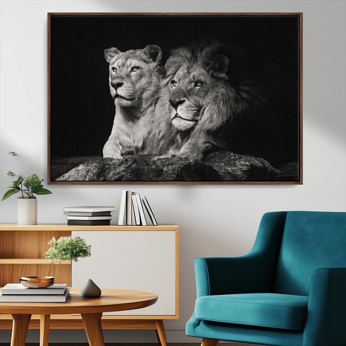 Lion Couple Wall Art Canvas Print, Elegant Black and White Wildlife Portrait