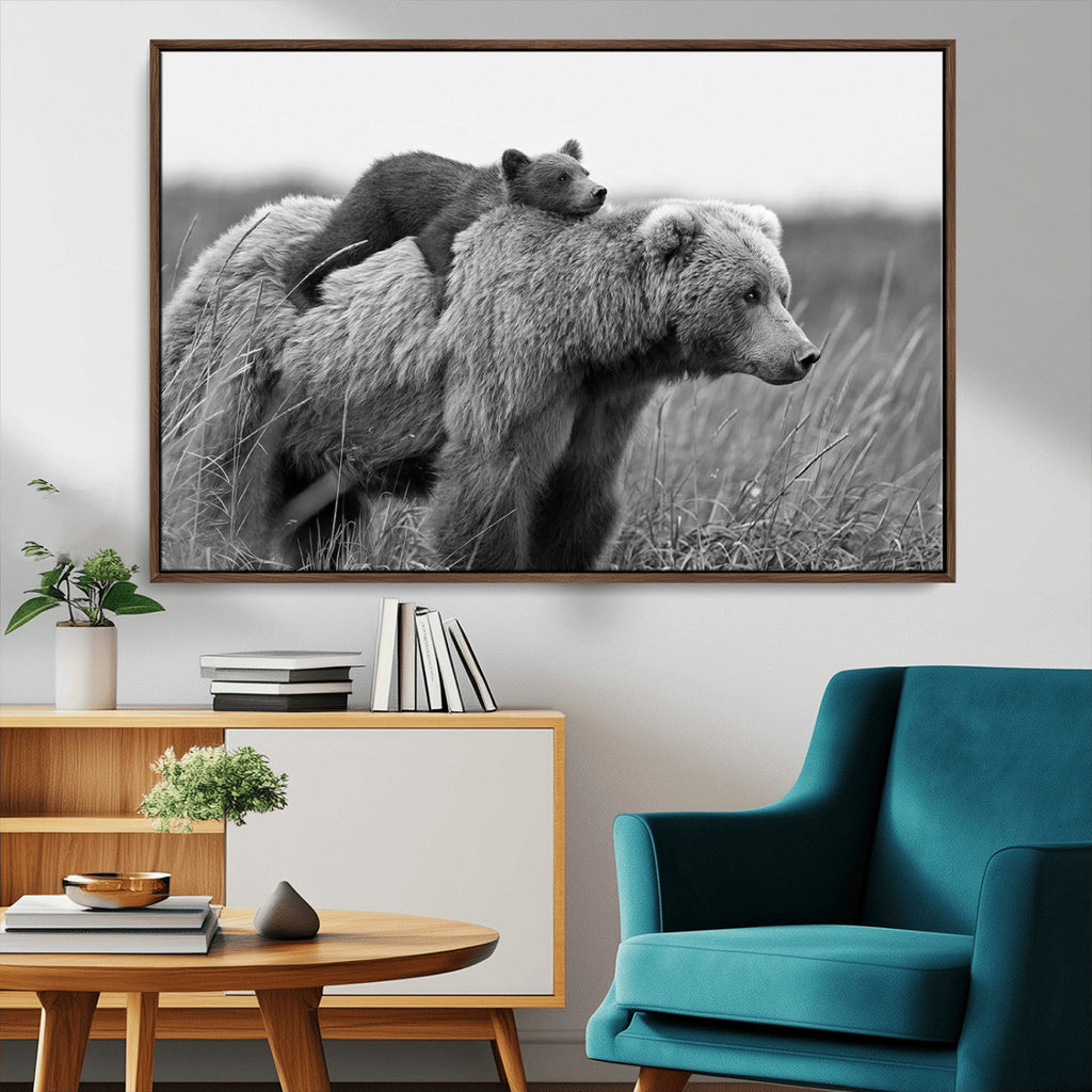 Bear and Cub Wall Art Canvas | Grizzly 399 Bear and Cub Black and White Wildlife Print