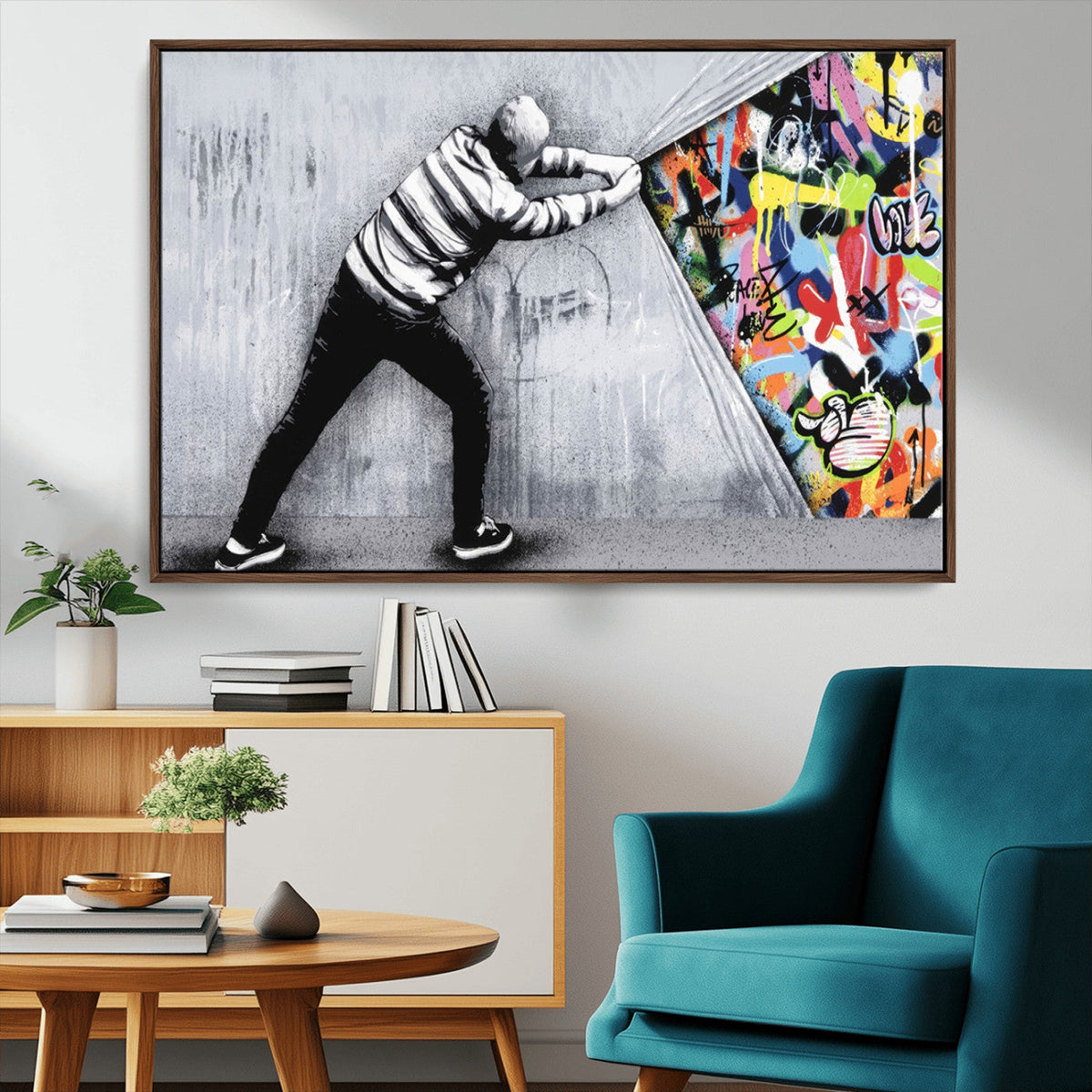 Banksy Art Behind the Curtain Street Wall Art Canvas Print | Urban Graffiti Style Wall Decor