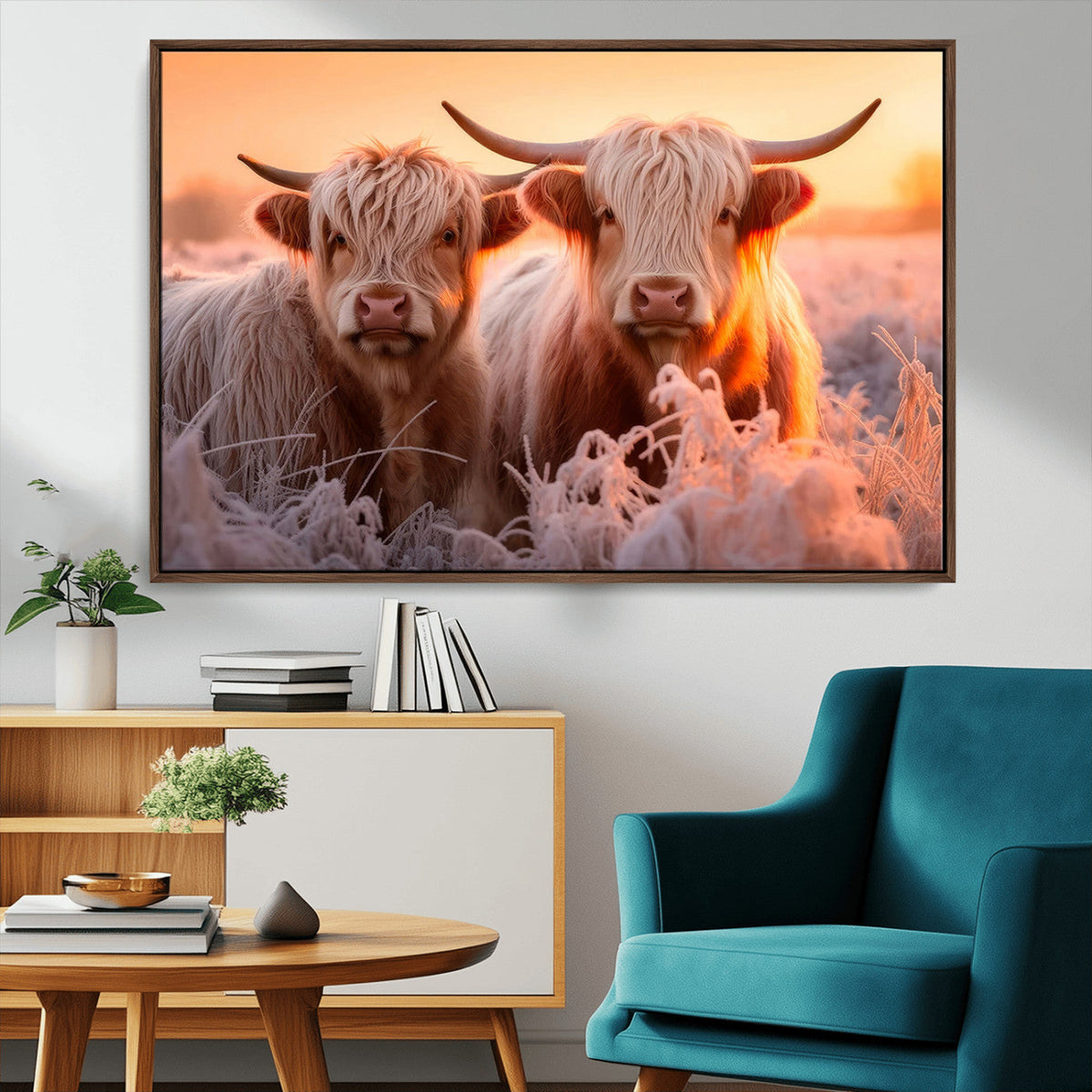 Highland Cows at Sunrise Wall Art Canvas Set