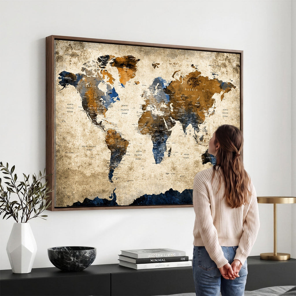 World Map Wall Art | Antique Style Blue and Brown Map Canvas Print