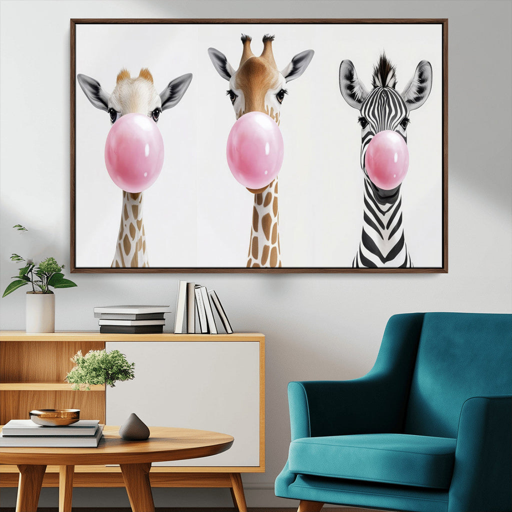 Bubblegum Animals Canvas Wall Art, Playful Giraffe and Zebra Trio, Whimsical Nursery and Kids Room Decor