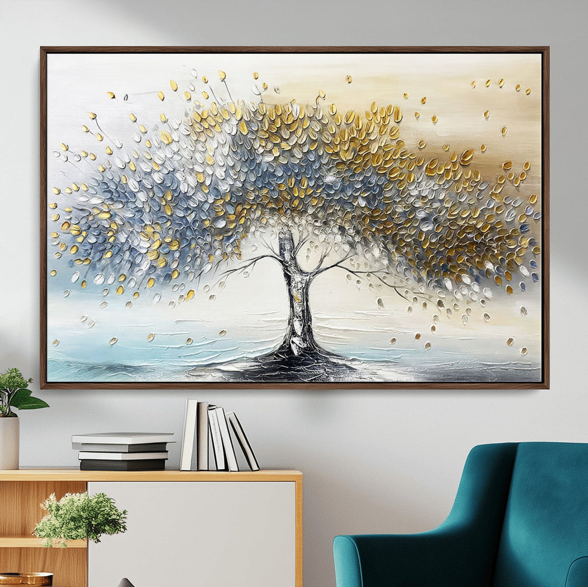 Golden and Silver Tree Wall Art | Framed Elegant Leaves Canvas