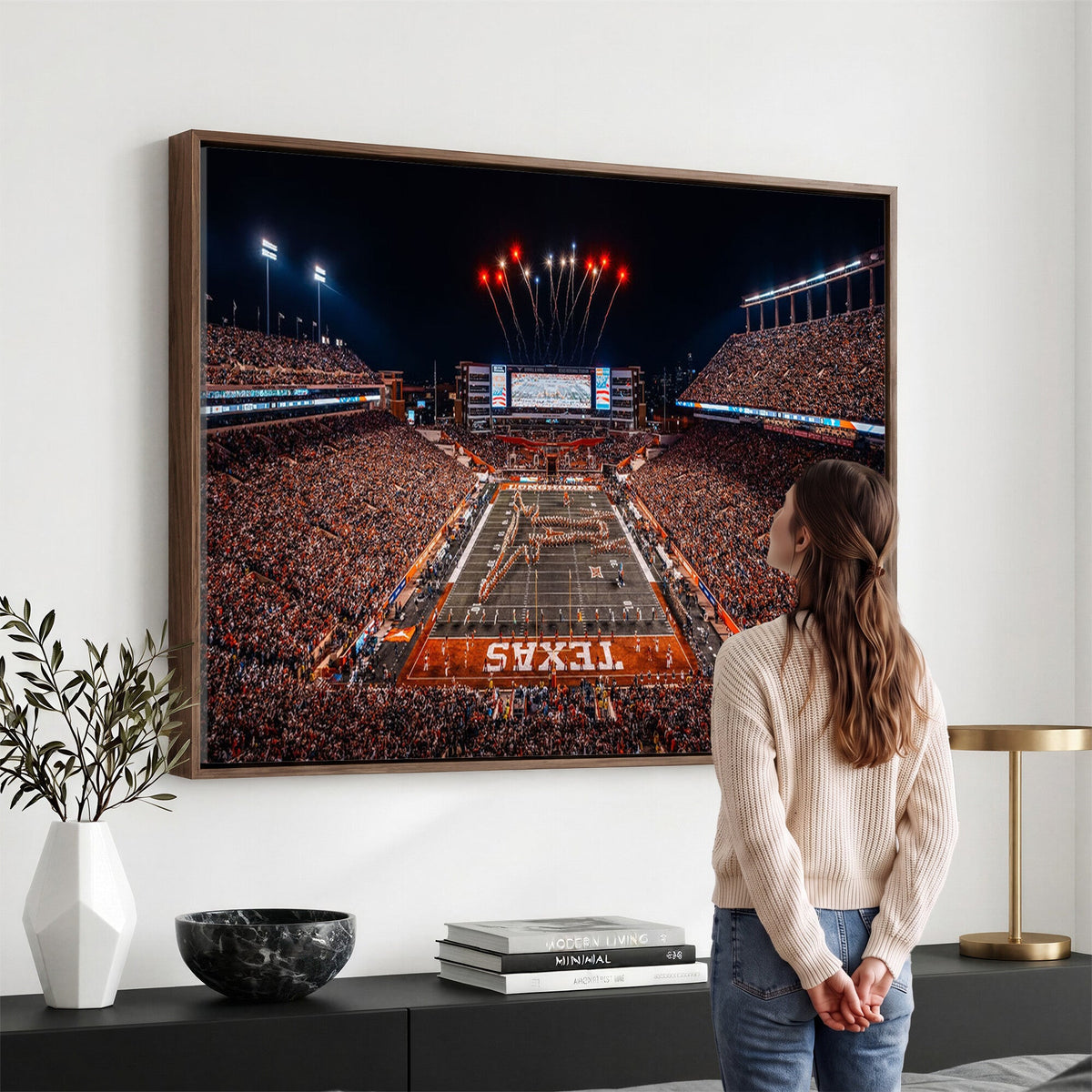 Texas Stadium Night Game Wall Art Canvas Print, Vibrant Football Fireworks Scene
