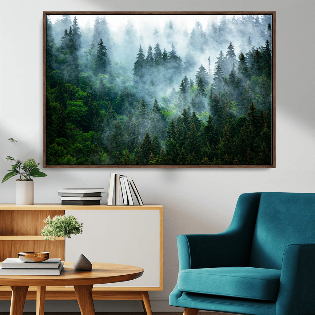 Misty Forest Wall Art Canvas Print, Framed Foggy Mountain Art, Large Scenic Woodland Canvas