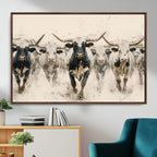 Texas Longhorn Wall Art | Framed Cattle Walking Canvas