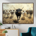 Texas Longhorn Wall Art | Framed Charging Cattle Canvas
