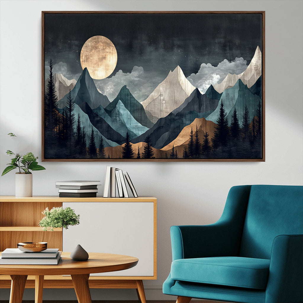 Moonlit Mountain Wall Art Canvas Print, Framed Silhouetted Pines Art, Layered Peaks Rustic Decor